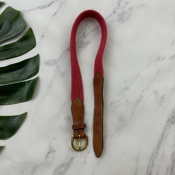 Lands End Vintage 90s Woven Stretchy Belt Size XS/S Pink Brown Leather Trim - Picture 2 of 4
